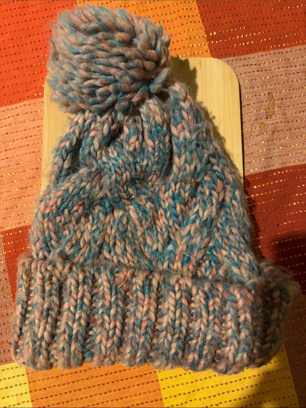 Unk Pink & Blue Knit Pom Beanie